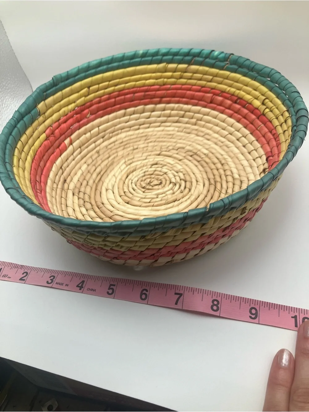 Handwoven Multi-Color Decorative Woven Basket - Natural, Teal, Yellow, Coral